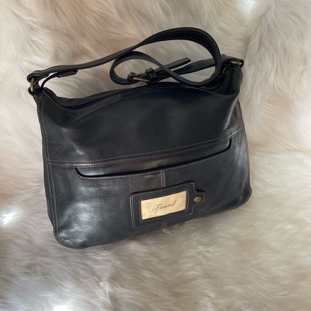 Fossil black soft leather shoulder with antique tone hardwares adjustabl… - Picture 3 of 16